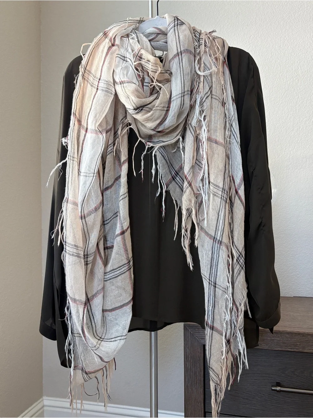 Oversized Sundance Neutral Plaid Fringe Scarf